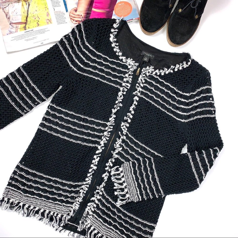 Ann Taylor Fringe Tweed Crochet Jacket Sz XS